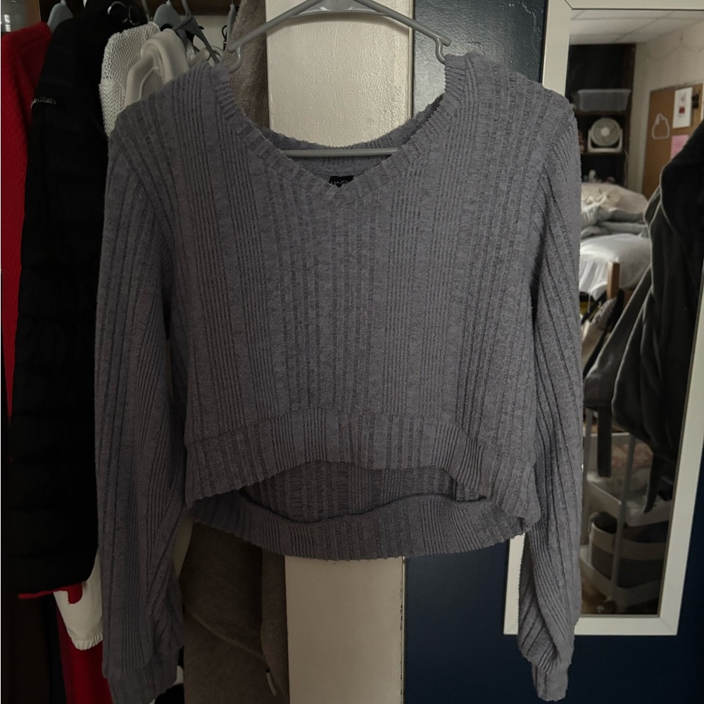 Gray Knit V-Neck Sweater